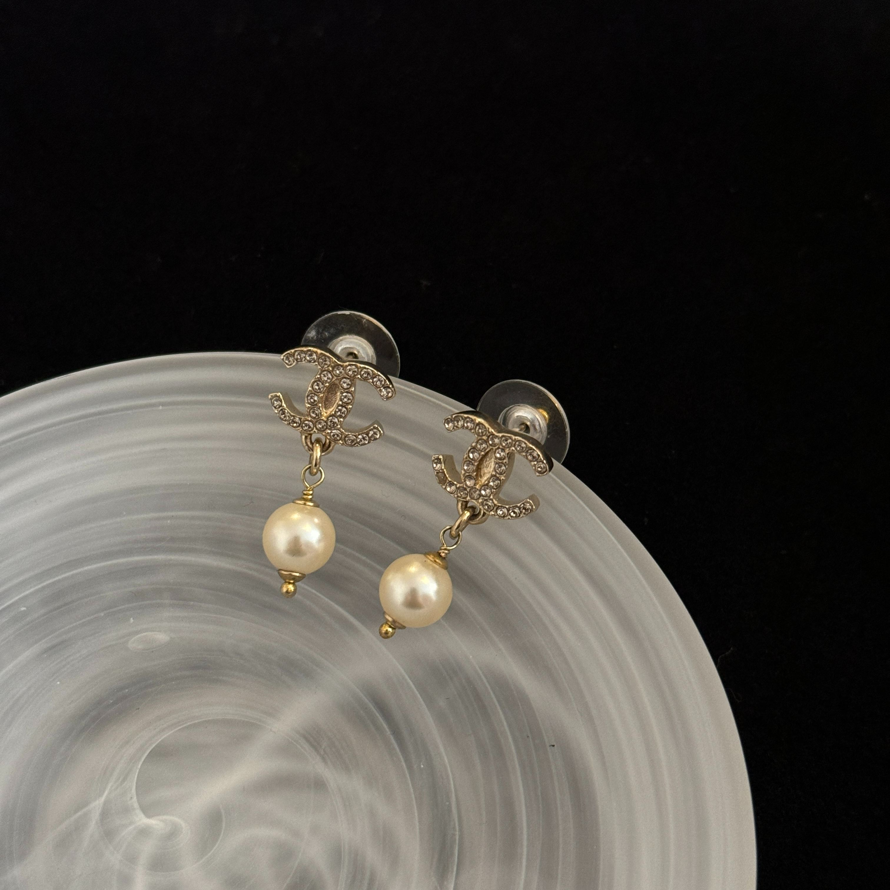 C Double C Rhinestone Pearl Pendant Earrings