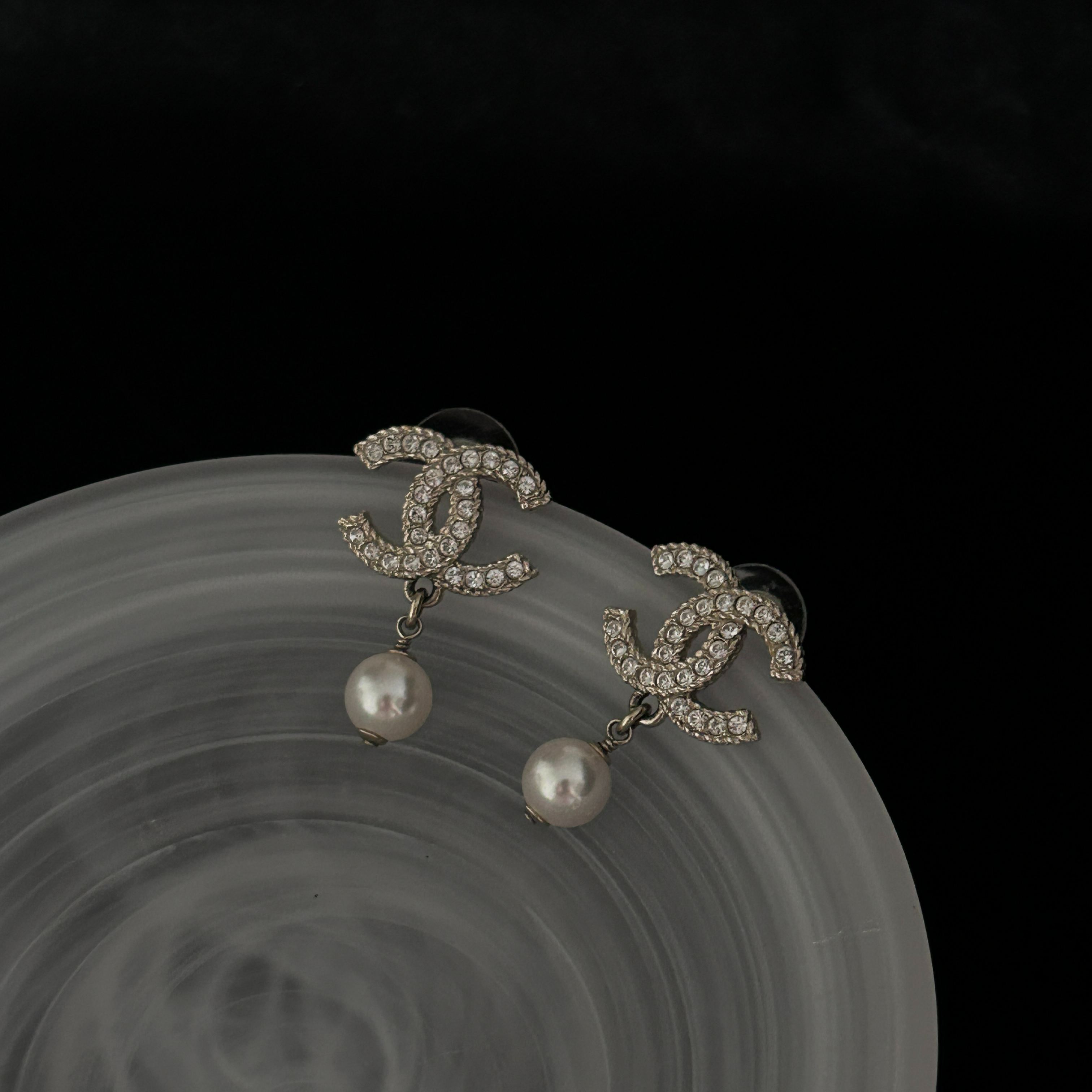 C Double C rhinestone pearl pendant gold earrings