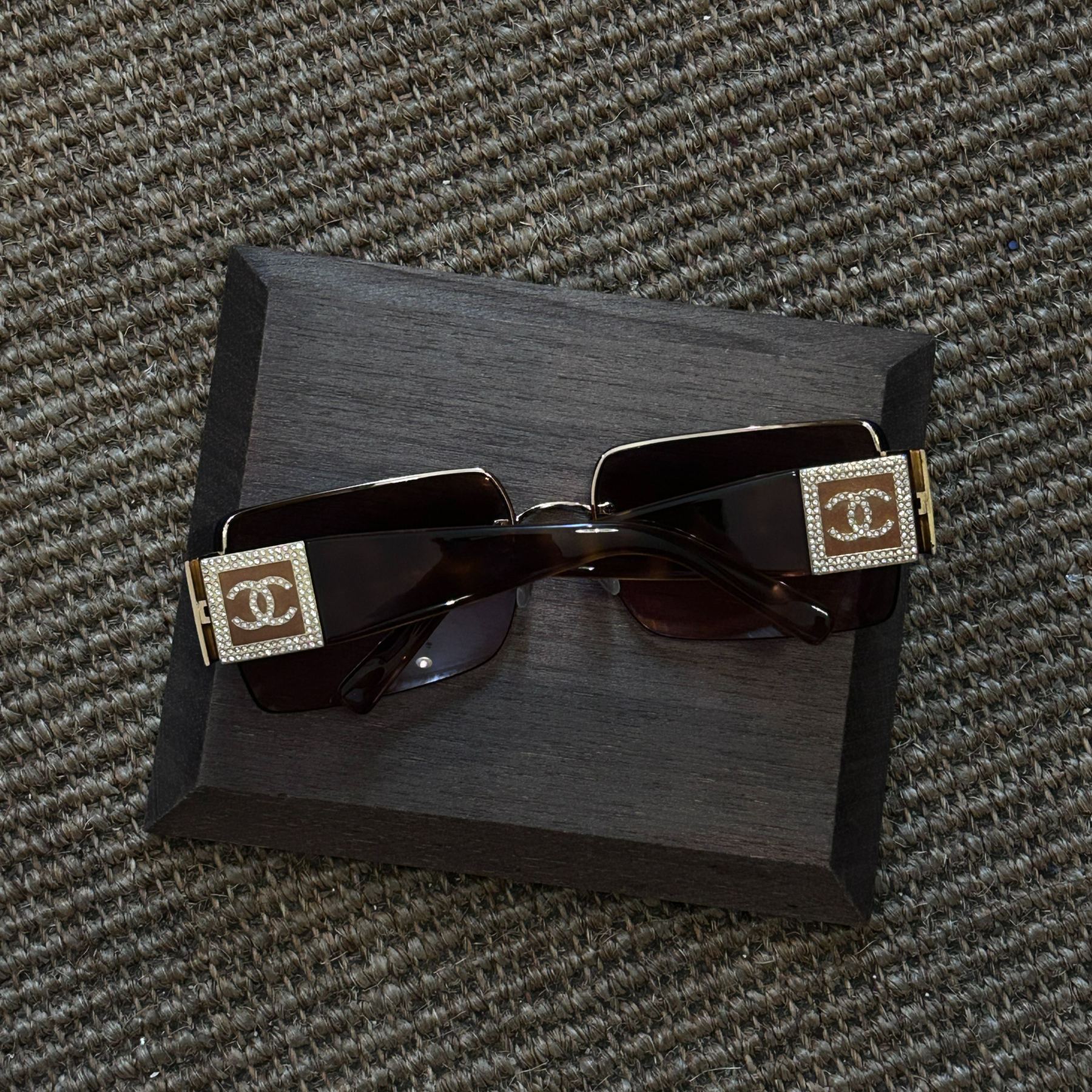 C Diamond-encrusted square gold sunglasses
