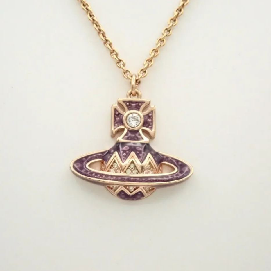 V Saturn rhinestone purple necklace