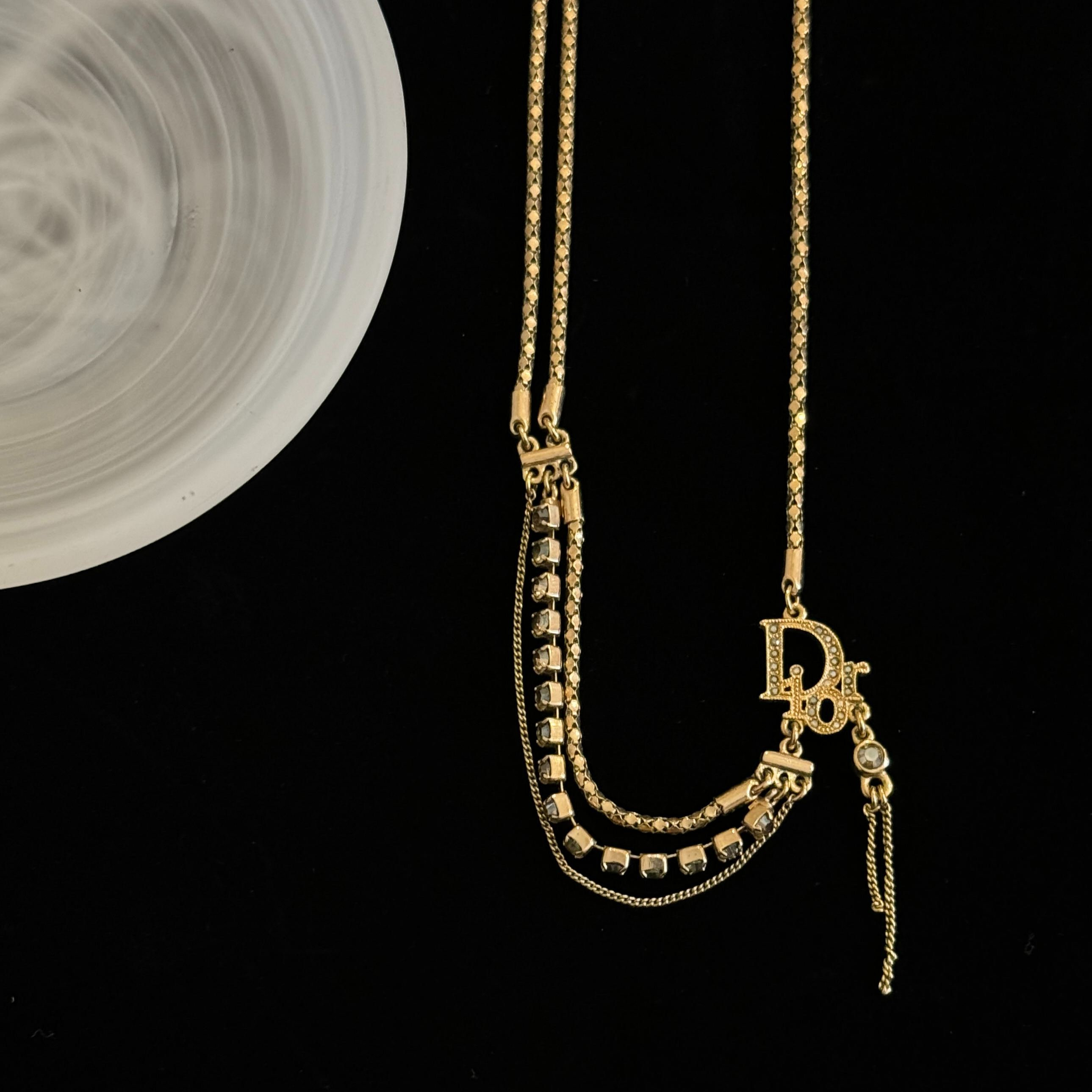 D Multi-layered tassel rhinestone gold necklace