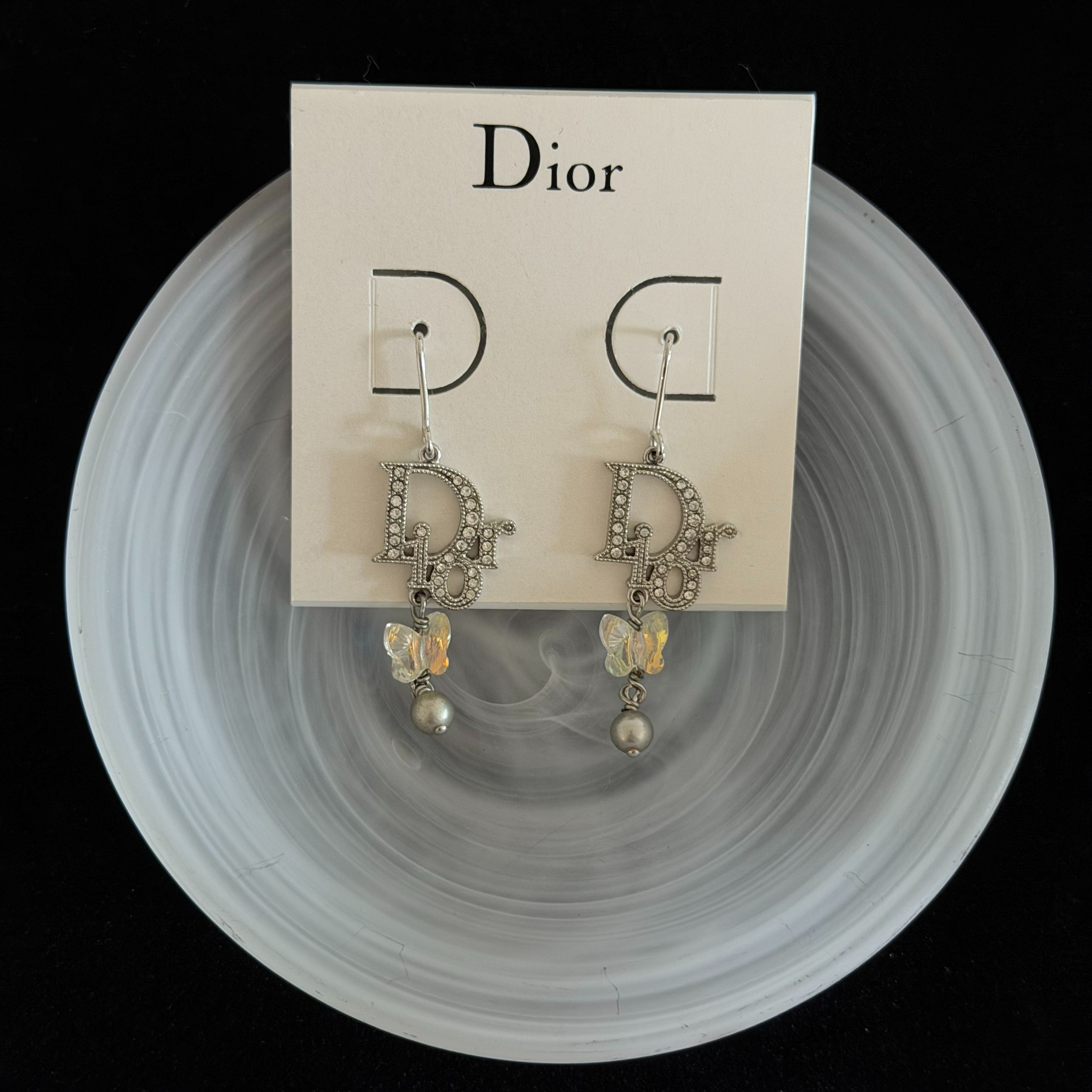 D Diamond Butterfly Pearl Pendant Earrings