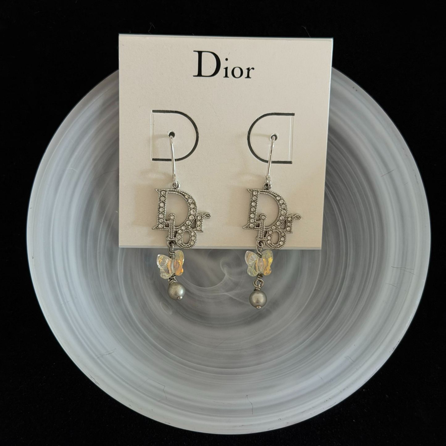D Diamond Butterfly Pearl Pendant Earrings
