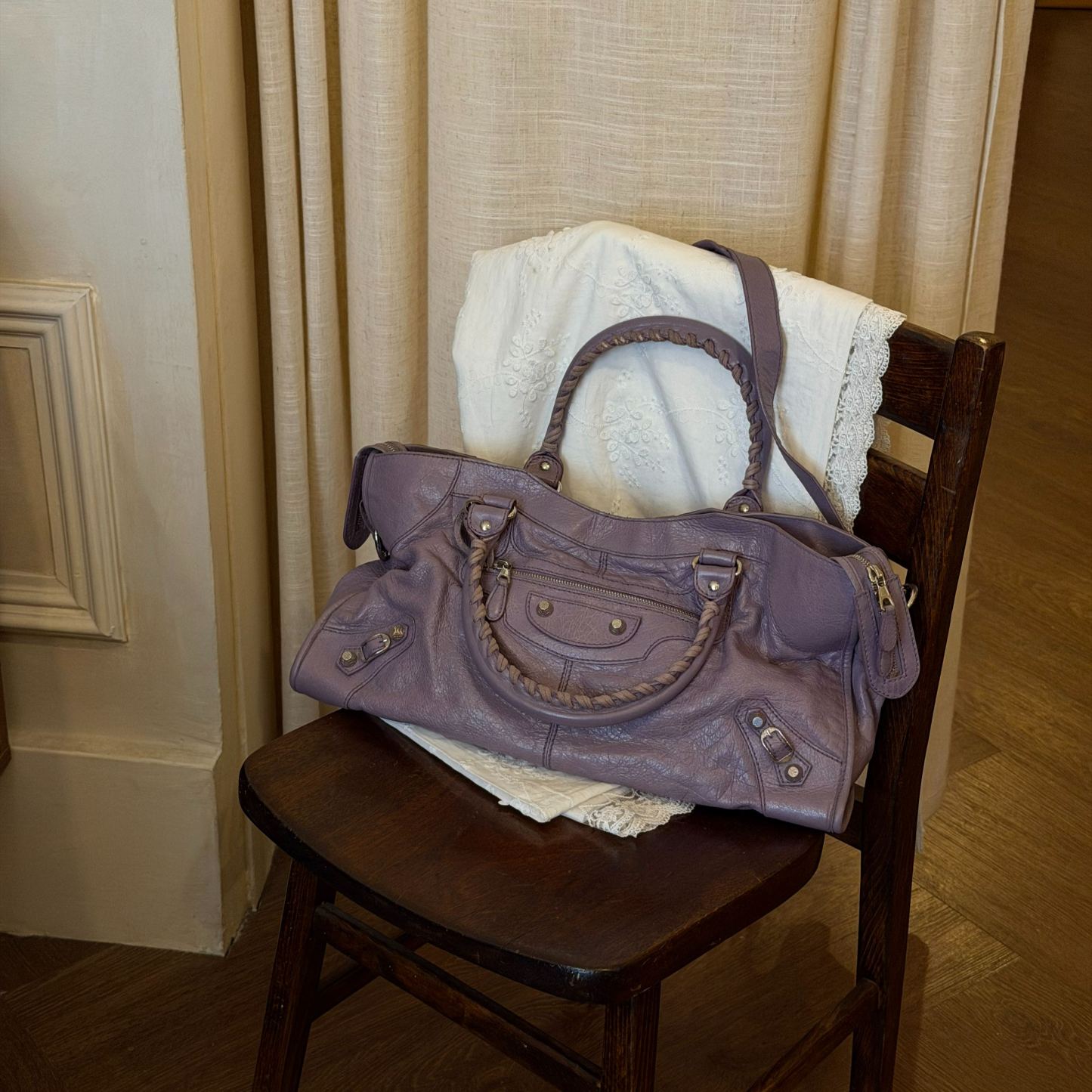 B Purple studded motorcycle bag