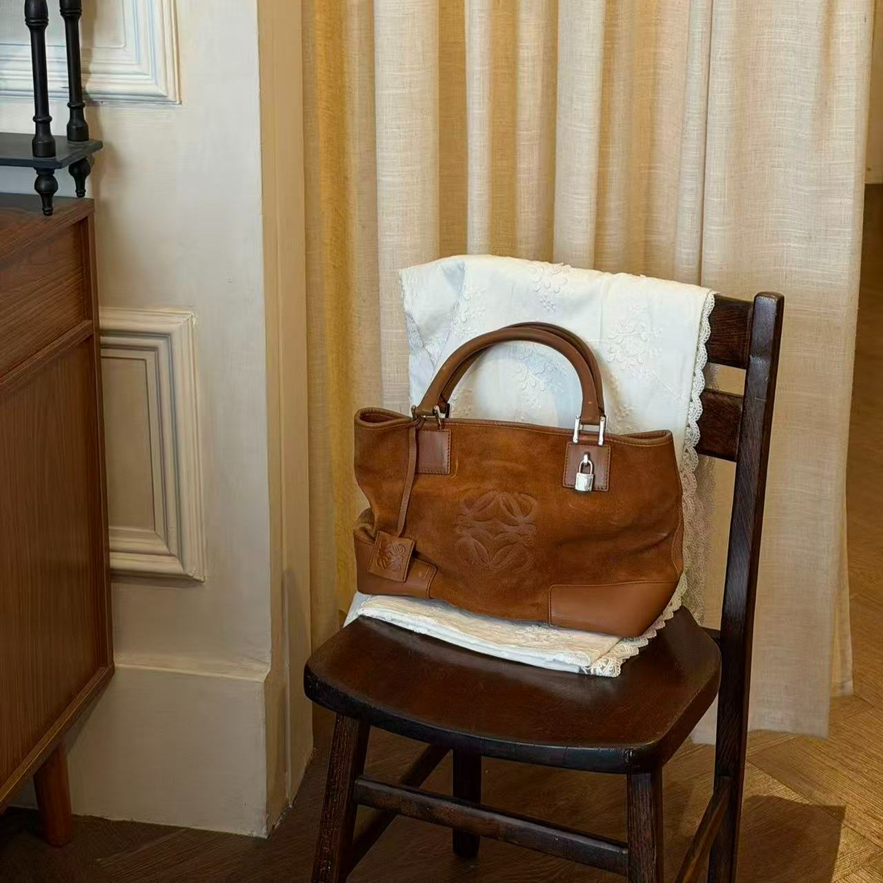 L Suede Caramel Brown Handbag
