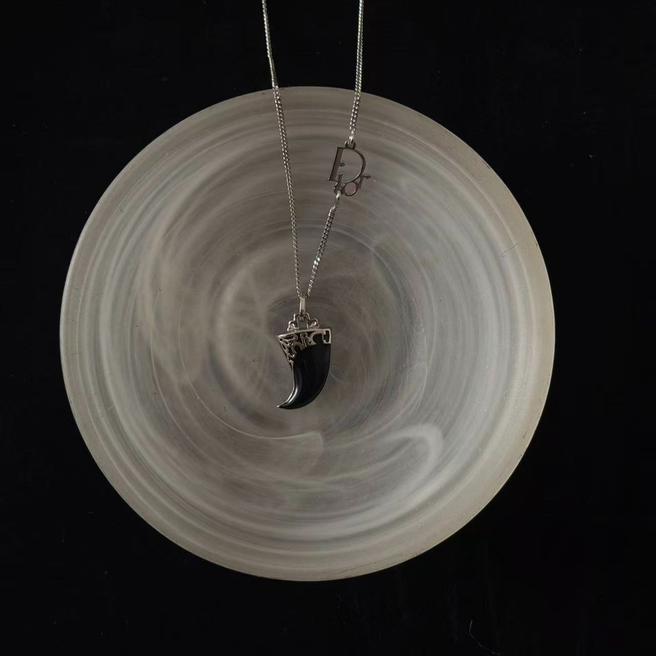 D Wolf Tooth Gemstone Black Necklace