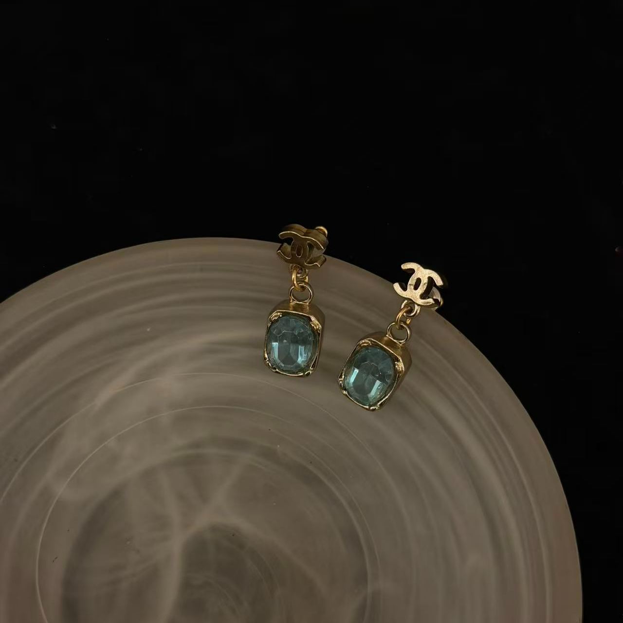 C Double C Square Blue Rhinestone Earrings