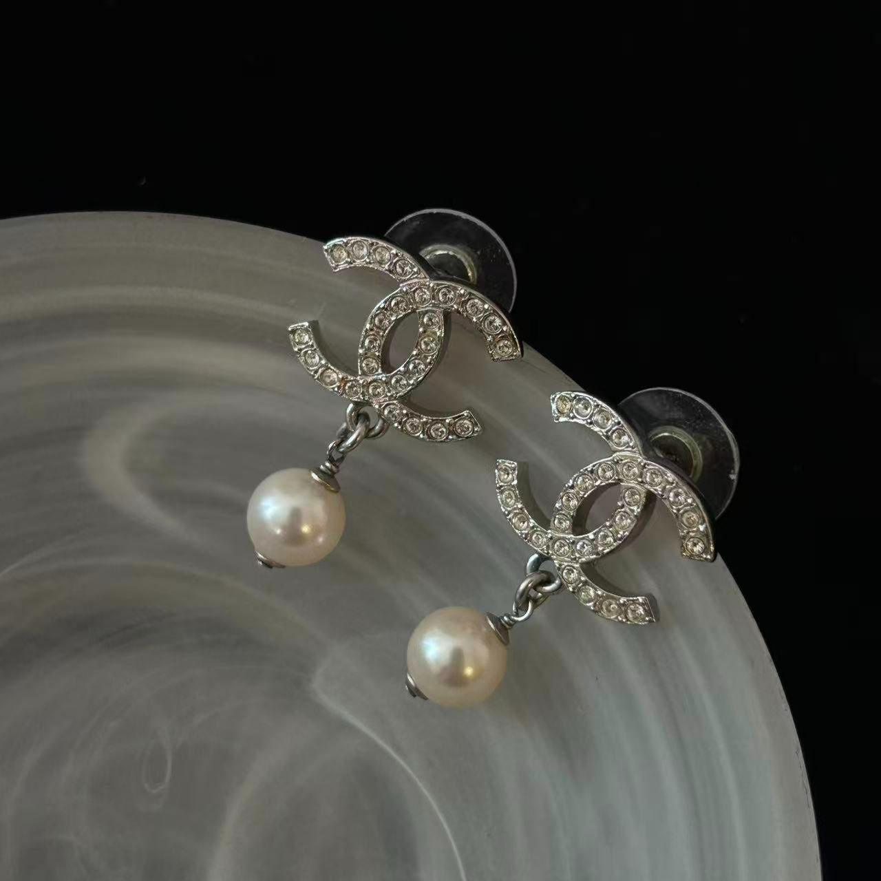 C Double C full diamond pearl pendant earrings