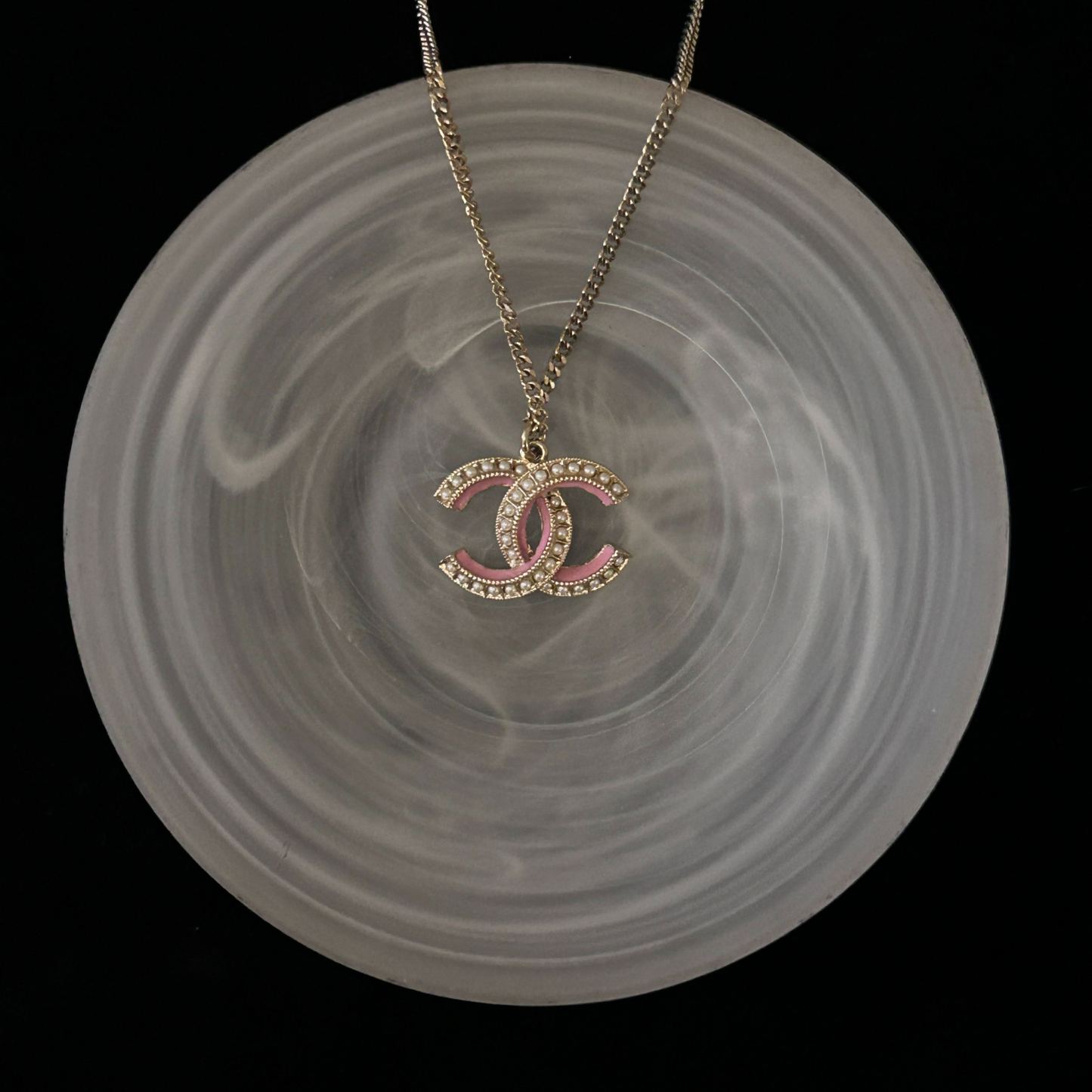C Double C enamel pink rhinestone pearl necklace