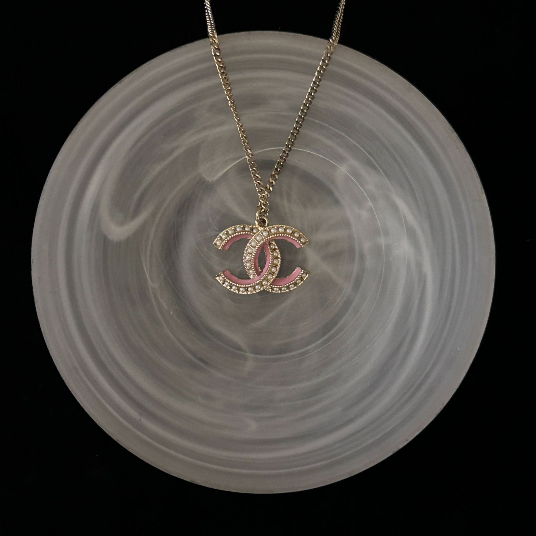 C Double C enamel pink rhinestone pearl necklace