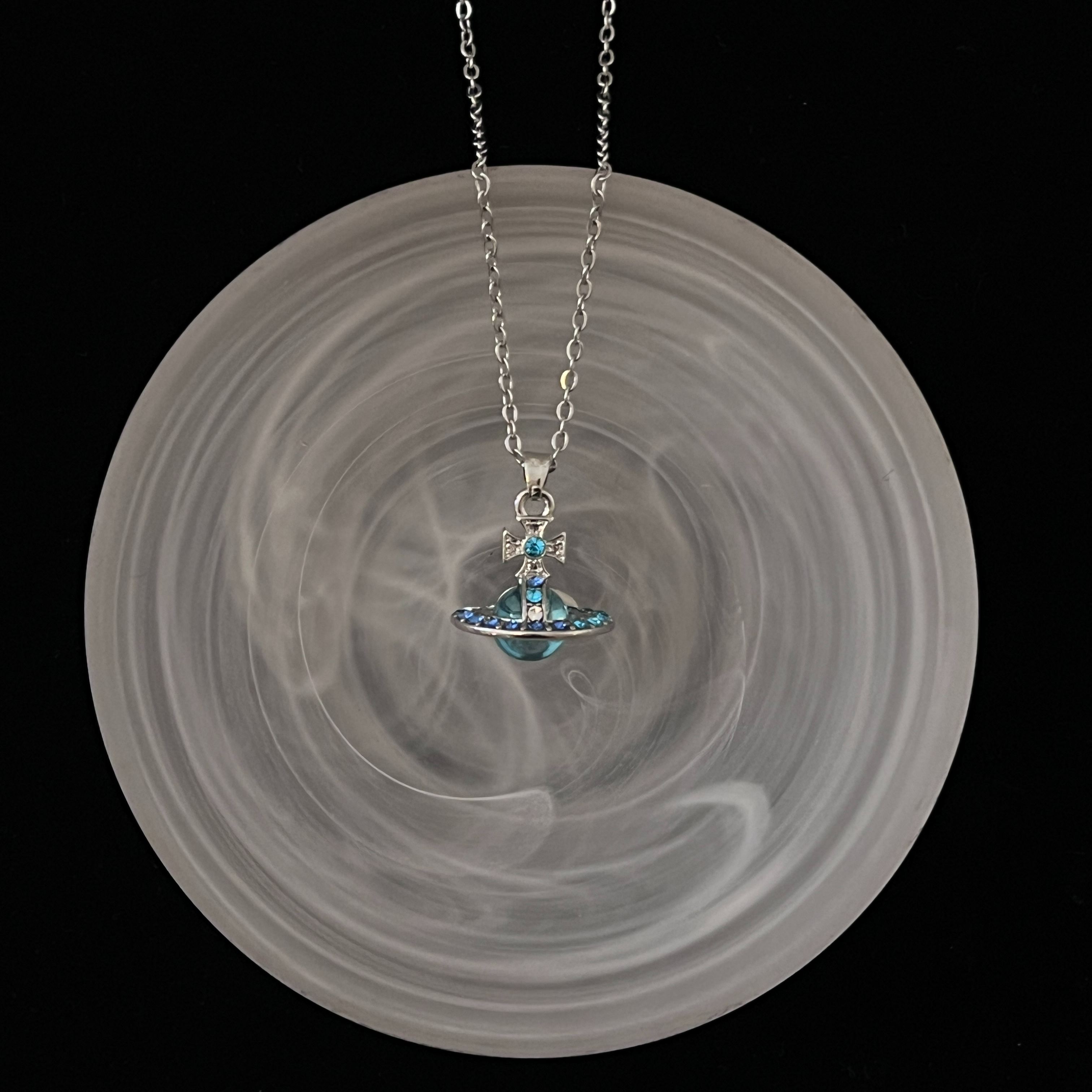 V 3D Saturn small Blue Necklace
