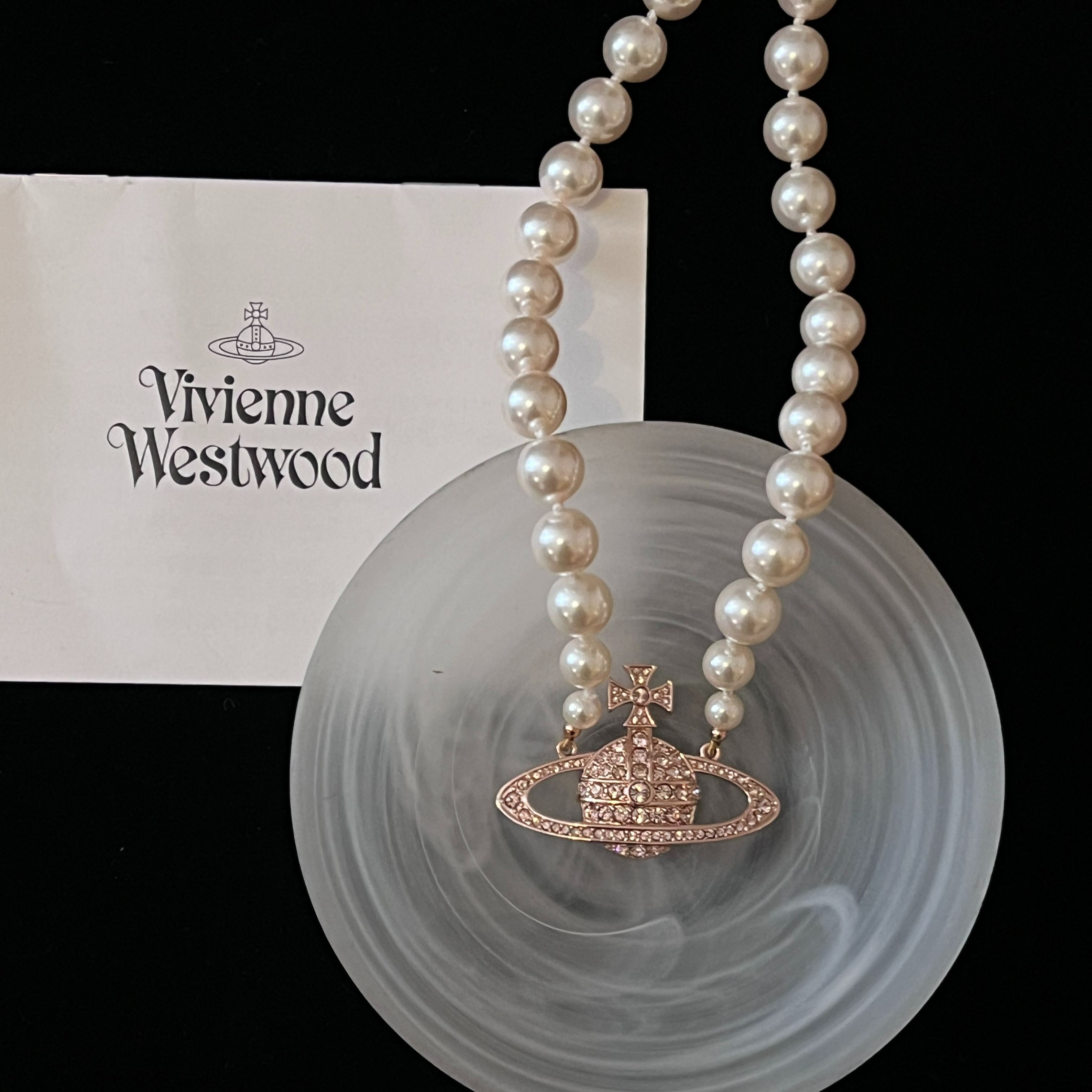 V Pearl and Diamond Saturn Necklace