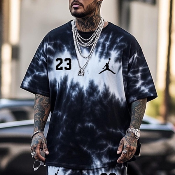 Unisex Black and White Tie-Dye Basketball Print Oversized Streetwear Short-Sleeved T-shirt and Shorts Set