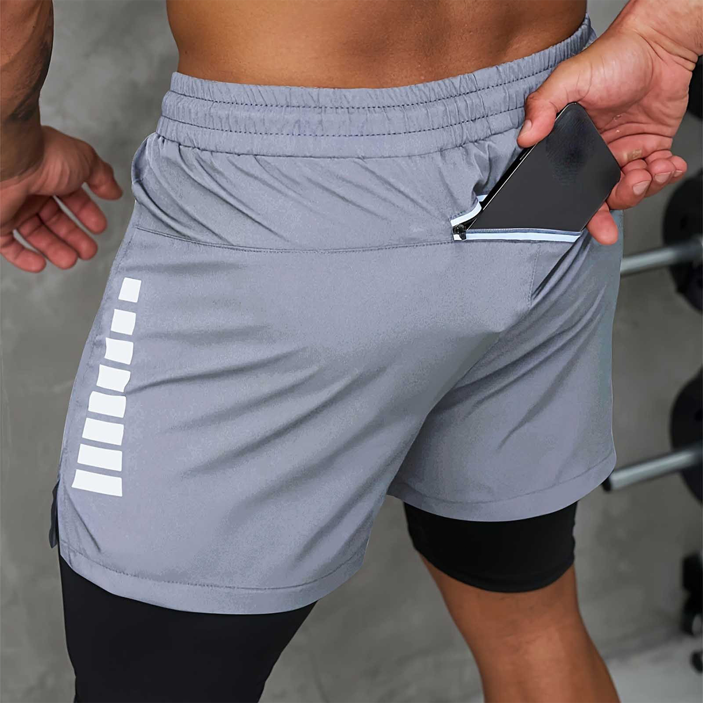 Men's Race Car Logo Print Gray Double Layer Sports Shorts