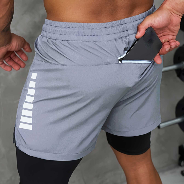 Men's Race Car Logo Print Gray Double Layer Sports Shorts