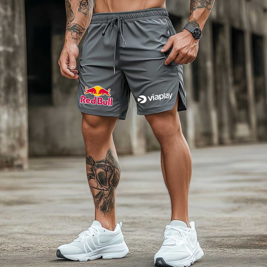 Men's Logo Print Elastic Drawstring Gray Sports Shorts