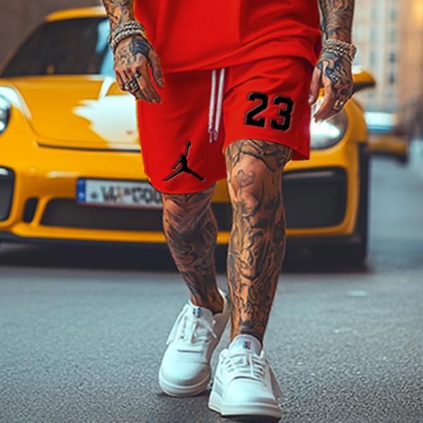 Unisex Oversize Basketball Print Red T-shirt and Shorts Set