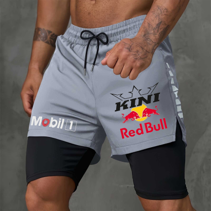 Men's Race Car Logo Print Gray Double Layer Sports Shorts