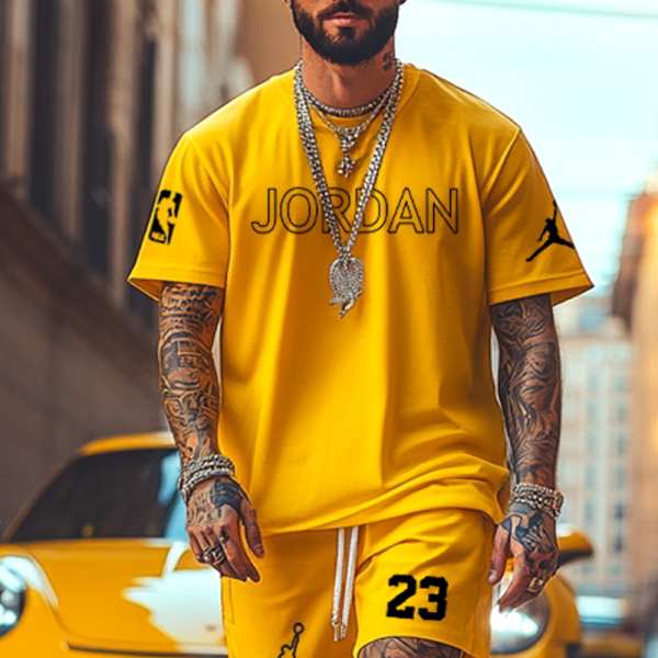 Unisex Oversize Basketball Print Yellow T-shirt and Shorts Set
