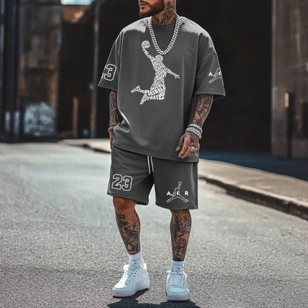 Unisex Basketball Take Off Print Oversized Streetwear Gray Short-Sleeved T-shirt and Shorts Set