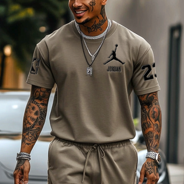 Unisex Basketball Print Streetwear Khaki T-shirt and Shorts Set