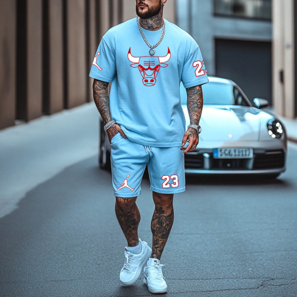 Unisex Basketball Print Oversized Streetwear White Short-Sleeved T-shirt and White Shorts Set