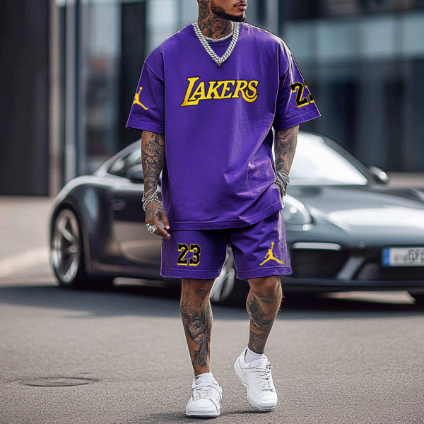 Unisex Basketball Print Oversized Streetwear Purple Short-Sleeved T-shirt and Shorts Set