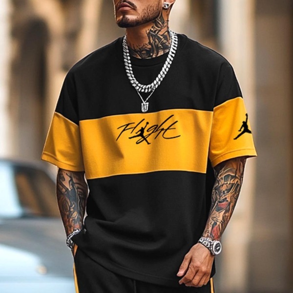 Unisex Basketball Flight Print Color Block Oversized Streetwear Short-Sleeved T-shirt and Shorts Set