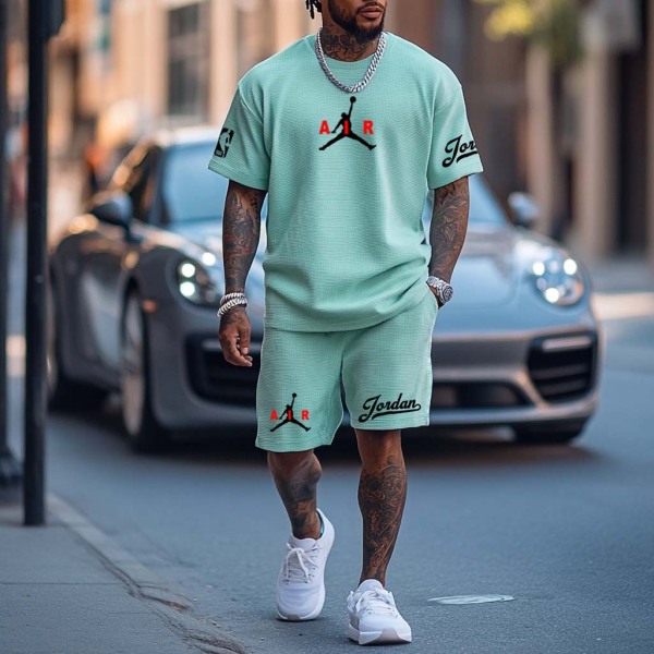 Unisex Waffle Knit Basketball Print Teal Oversized Streetwear Short-Sleeved T-shirt and Shorts Set