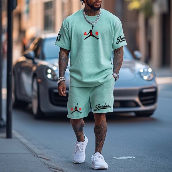 Unisex Waffle Knit Basketball Print Teal Oversized Streetwear Short-Sleeved T-shirt and Shorts Set