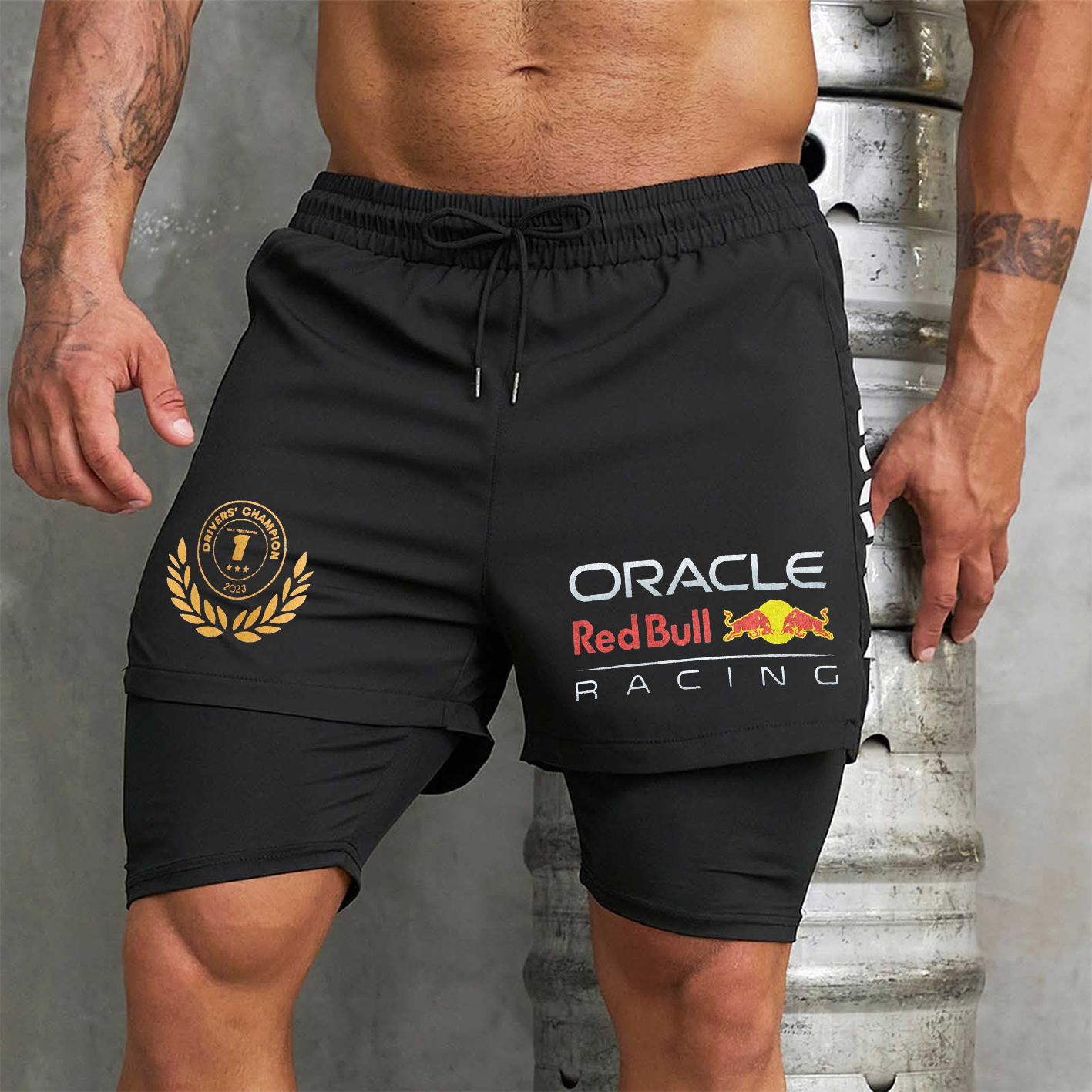 Men's Race Car Logo Print Black Double Layer Sports Shorts