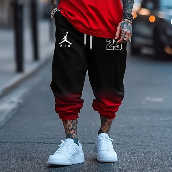 Unisex Black Red Gradient Basketball Print Oversized Streetwear Short-Sleeved T-shirt and Sweatpants Set