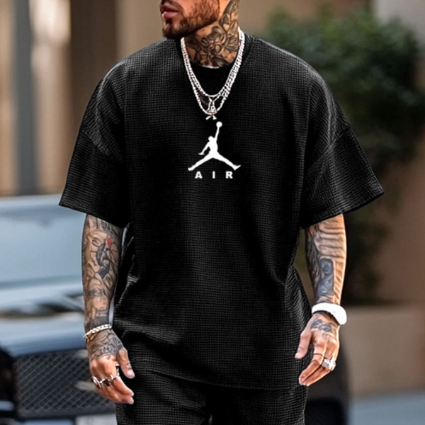 Unisex Waffle Knit Basketball Print Oversized Streetwear Black Short-Sleeved T-shirt and Shorts Set