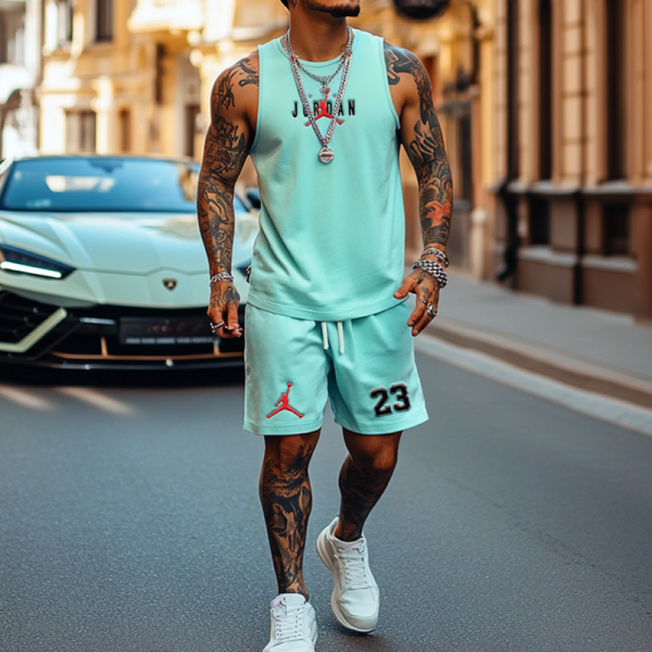 Unisex Basketball Print Inspired Bright Blue Tank Top and Stripes Shorts Set