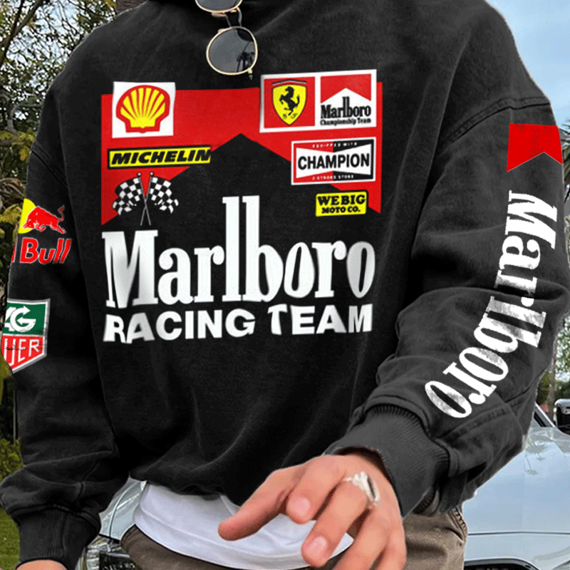 Men's Vintage Racing Print Black Oversize Hoodie