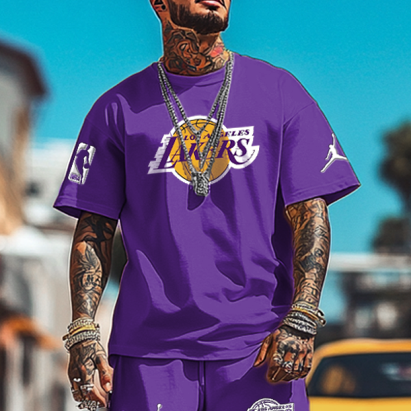 Unisex Basketball Competition Purple Oversize Print T-shirt and Shorts Set