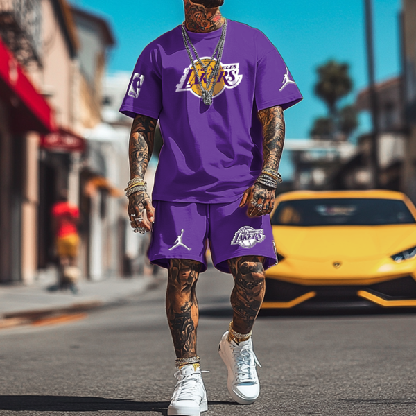 Unisex Basketball Competition Purple Oversize Print T-shirt and Shorts Set