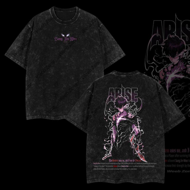Sung Jin-Woo Solo Leveling Anime Double Printed Oversize Lightweight Acid Washed Tee-Limited Edition