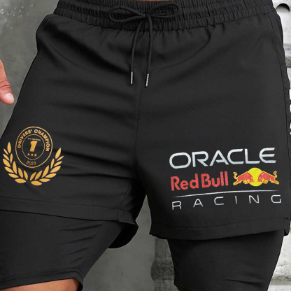 Men's Race Car Logo Print Black Double Layer Sports Shorts