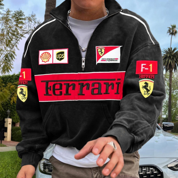 Men's 2025 Newest Retro Racing Print Black Oversized Hoodie