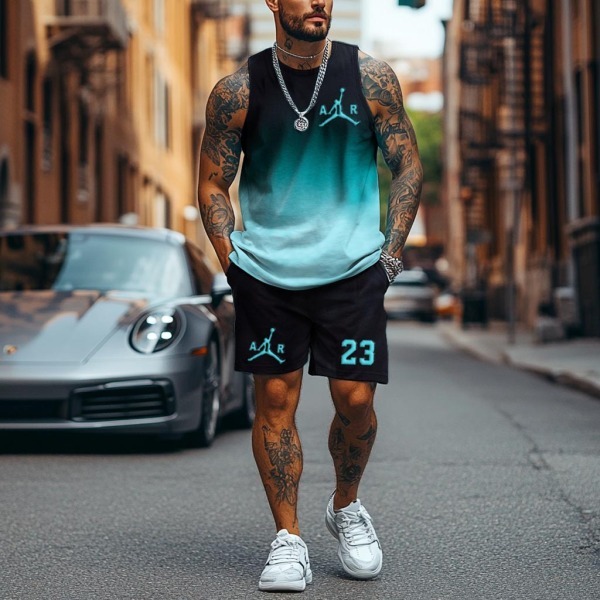 Unisex Basketball Black and Teal Gradient Print Streetwear Tank Top and Shorts Set