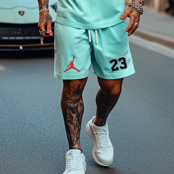 Unisex Basketball Print Inspired Bright Blue Tank Top and Stripes Shorts Set