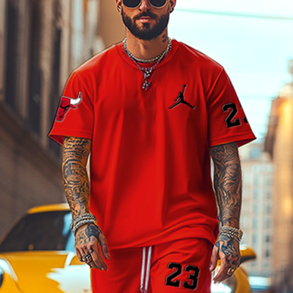 Unisex Oversize Basketball Print Red T-shirt and Shorts Set