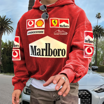 Men's Retro Racing Print Red Oversized Hoodie