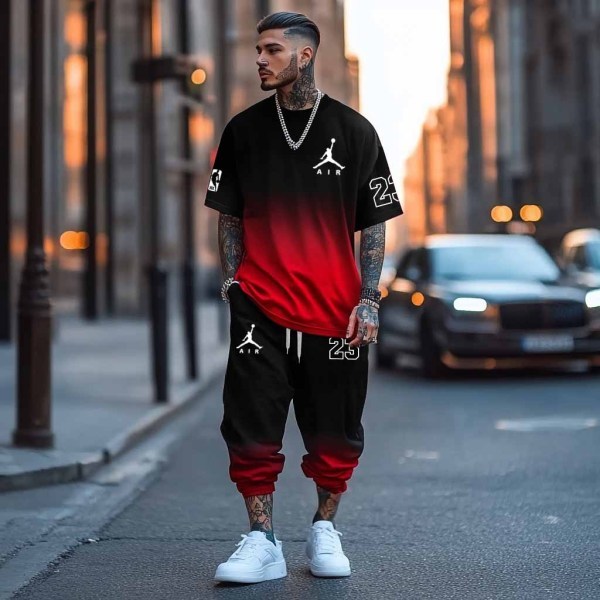 Unisex Black Red Gradient Basketball Print Oversized Streetwear Short-Sleeved T-shirt and Sweatpants Set