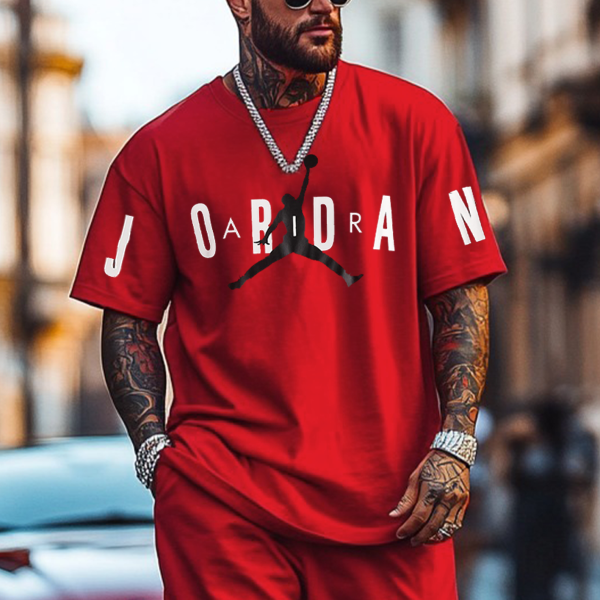 Unisex Basketball Print Oversized Streetwear Red Short-Sleeved T-shirt and Shorts Set