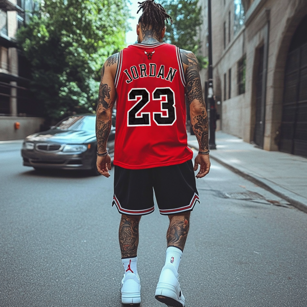 Unisex Basketball Print Inspired Athletic Red Stripes Tank Top and Black Stripes Shorts Set