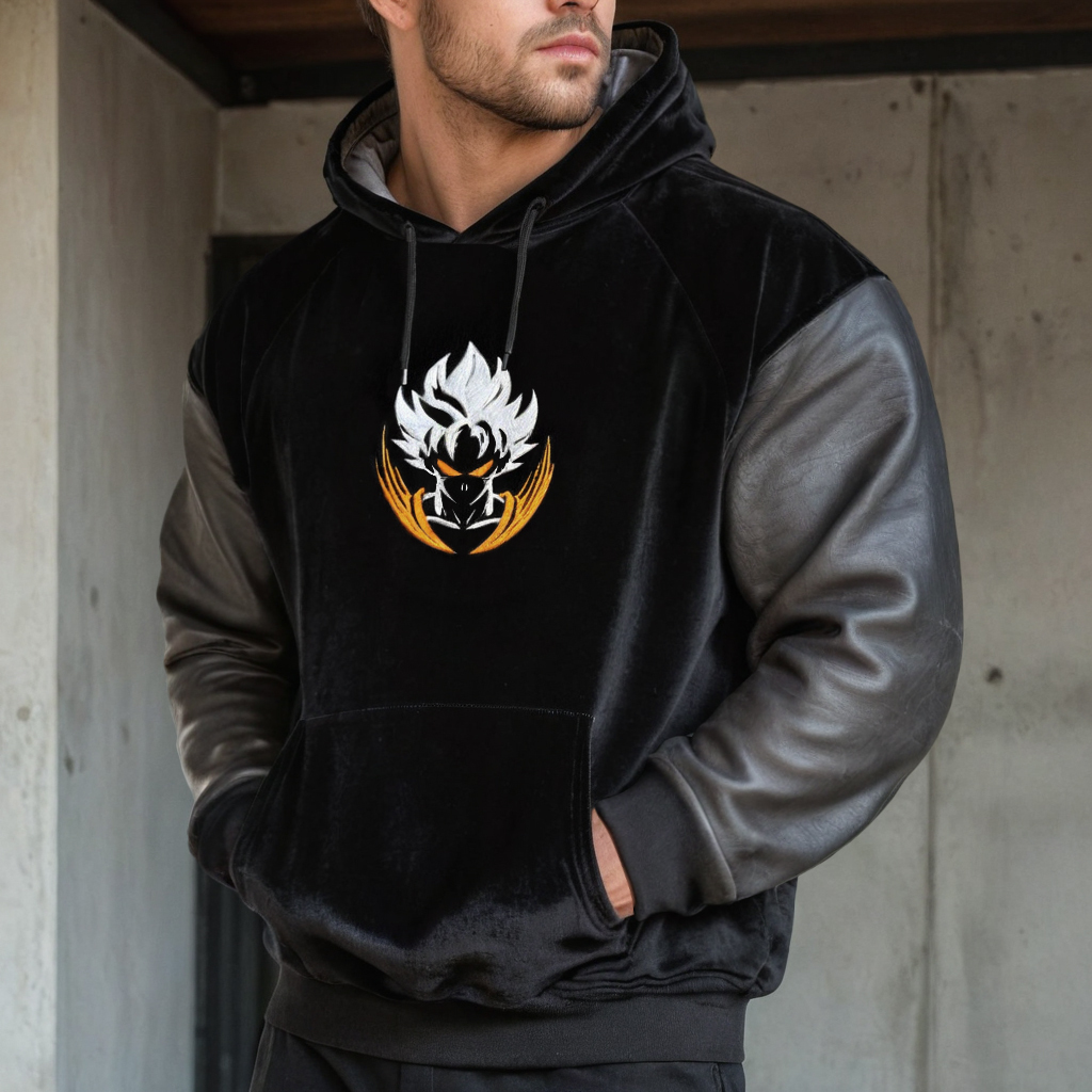 Oversized  Velvet Leather Patchwork Hoodie-Teegamechanger