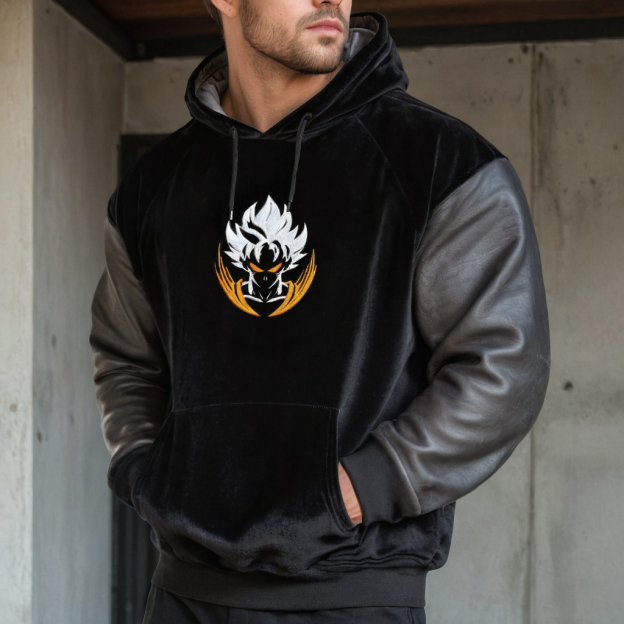 Oversized  Velvet Leather Patchwork Hoodie-Teegamechanger