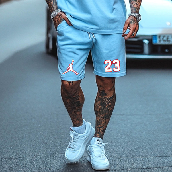 Unisex Basketball Print Oversized Streetwear White Short-Sleeved T-shirt and White Shorts Set